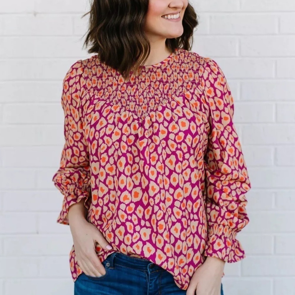 Michelle McDowell Pink Leopard Print Smocked Blouse Sz S